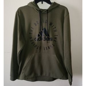 Olive green adidas hoodie with stripes on sleeve size L